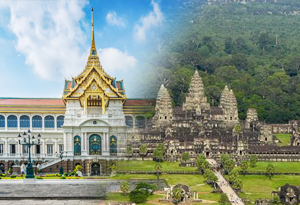One of Angkor Wat temple in nature with big tree with scaffolding