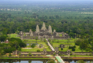 One of Angkor Wat temple in nature with big tree with scaffolding